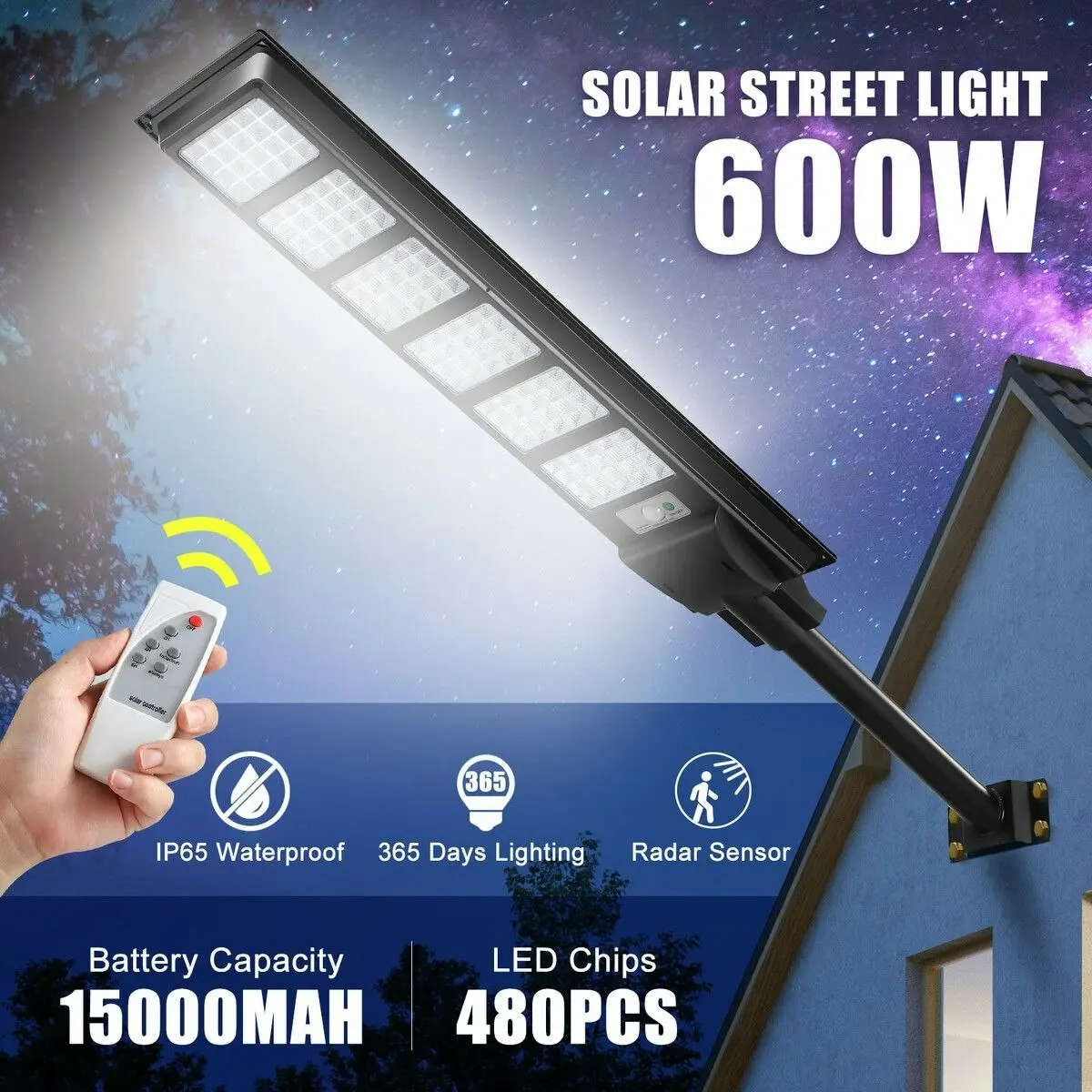 Ausway 600W Solar Street Lights 480 LED Floodlight Motion Sensor Outdoor Garden Yard Security Flood Down Lamp Remote Control Waterproof Parking Lot Spot Pole