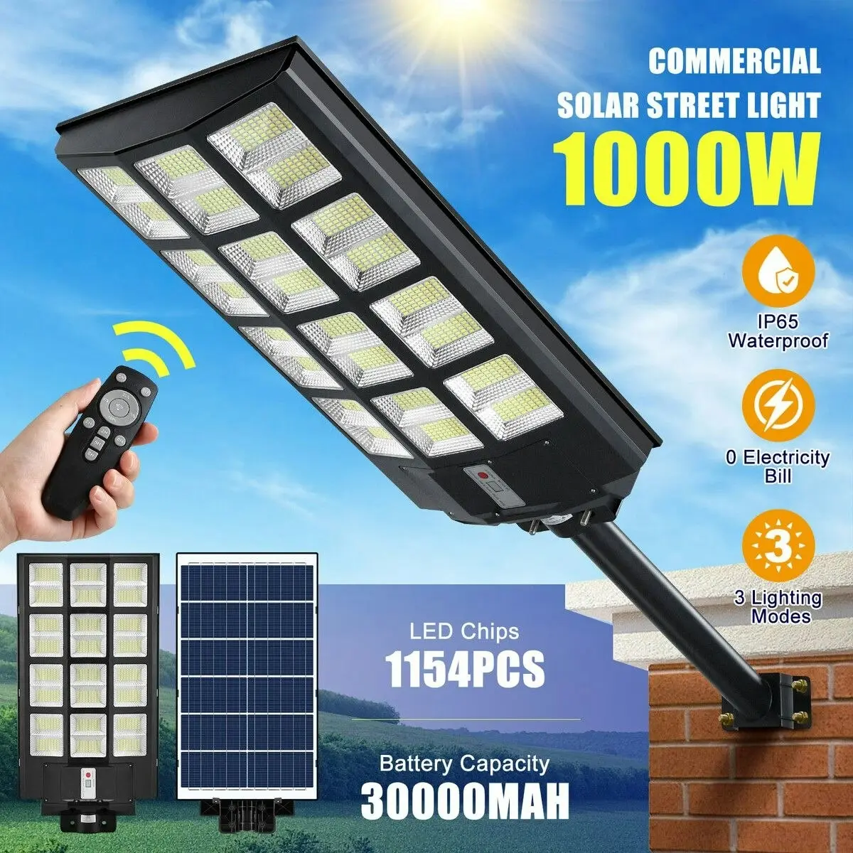 Ausway 1000W Commercial LED Solar Street Light Road Lamp Motion Sensor Remote Outdoor Garden Wall Dusk To Dawn Patio Parking Lot Flood Pole Waterproof