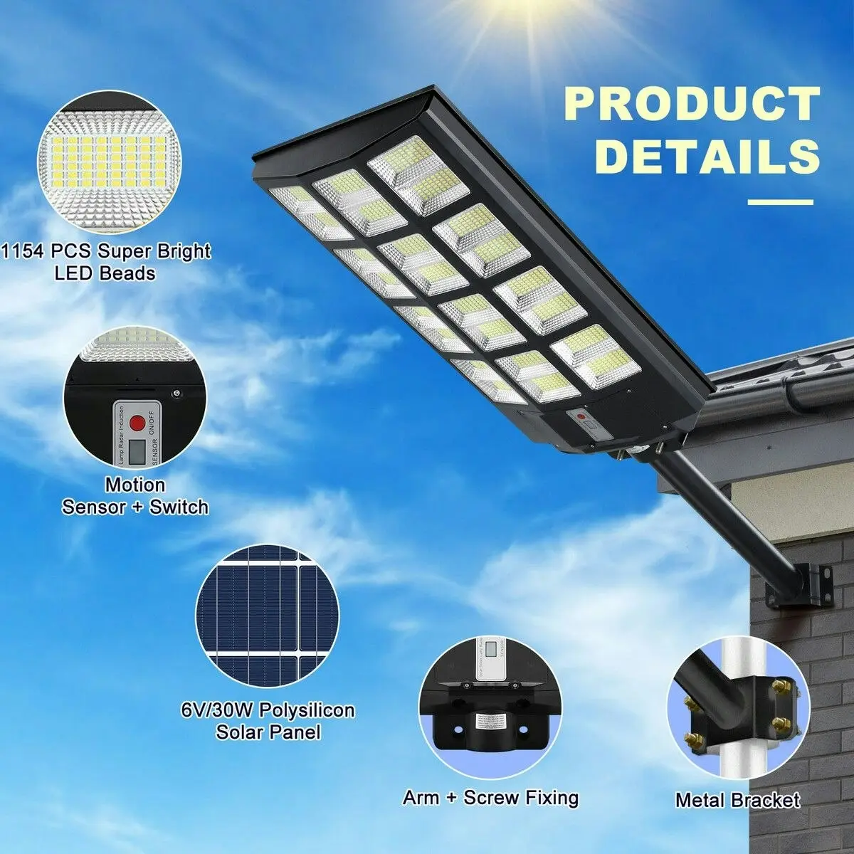 Ausway 1000W Commercial LED Solar Street Light Road Lamp Motion Sensor Remote Outdoor Garden Wall Dusk To Dawn Patio Parking Lot Flood Pole Waterproof