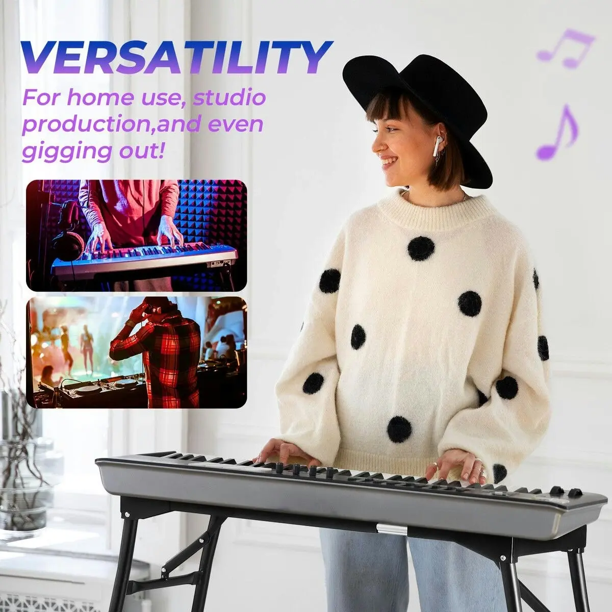 Melodic Keyboard Stand Piano Music Collapsible Adjustable Portable Heavy Duty 54 to 88 Key Musical Table Black