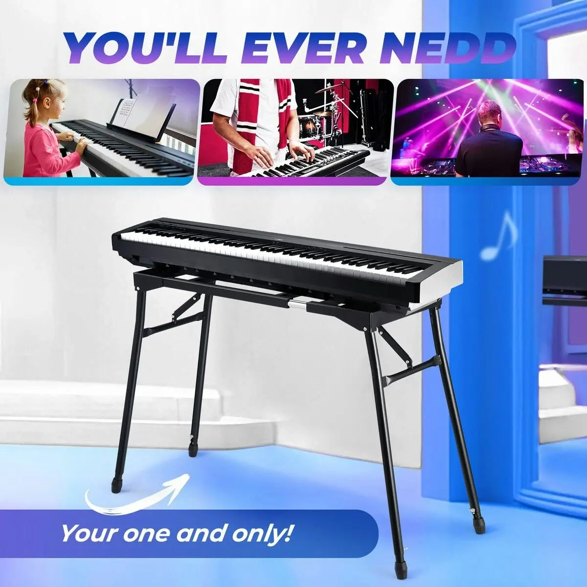 Melodic Keyboard Stand Piano Music Collapsible Adjustable Portable Heavy Duty 54 to 88 Key Musical Table Black