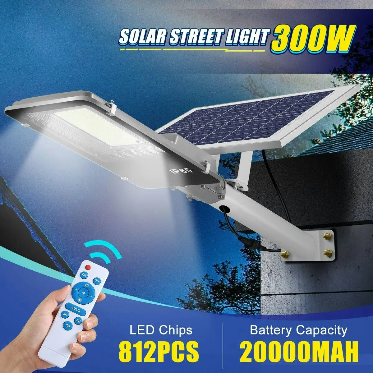 Ausway 812 LED Solar Street Light 300W Remote Outdoor Garden Security Wall Lamp Floodlight Sensor Flood Down Parking Lot Spot Pole Waterproof