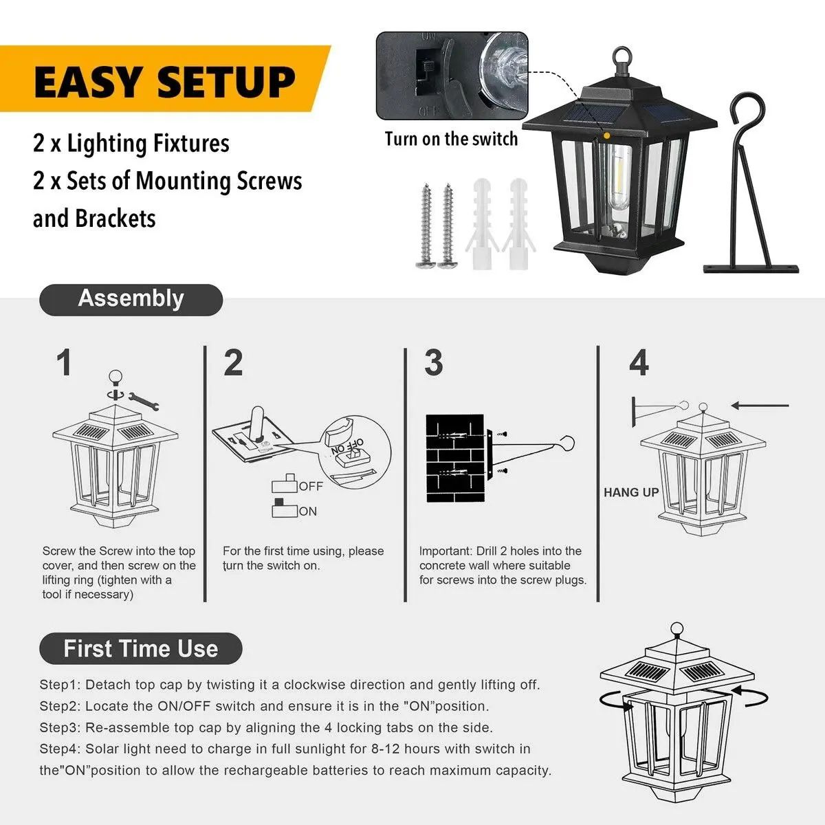 Ausway Solar Outdoor Wall Light Sconce Hanging Lantern Garden Outside Lamp Patio Fence Porch Waterproof with Light Sensor 2PCS