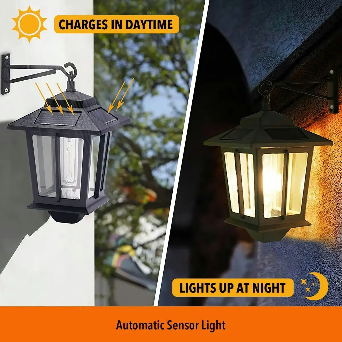 Ausway Solar Outdoor Wall Light Sconce Hanging Lantern Garden Outside Lamp Patio Fence Porch Waterproof with Light Sensor 2PCS