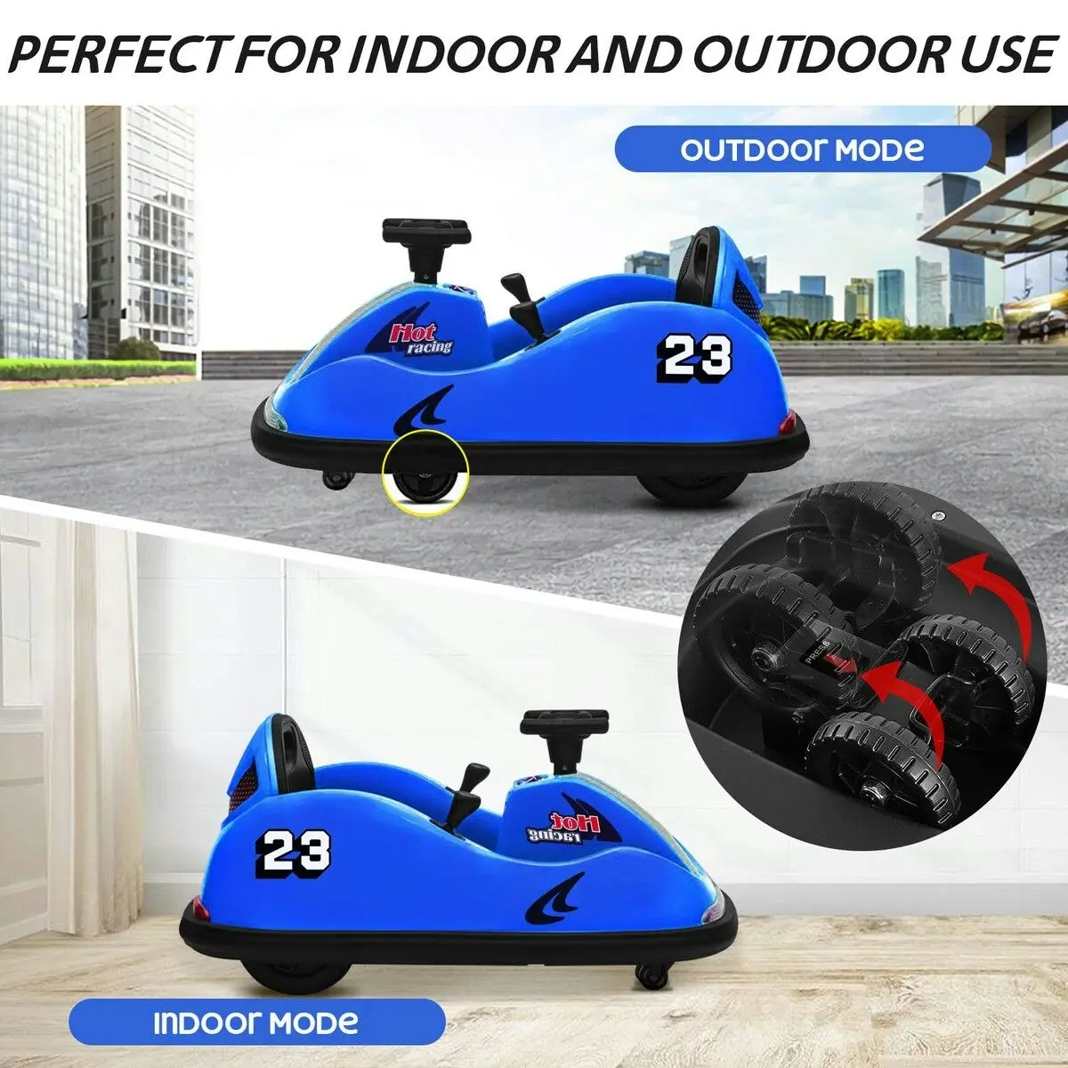 Kidbot Bumper Car With Remote Control Electric Kids Ride On Toy Race Vehicle Music LED DIY Sticker 360 Degree Spin Twin Motor Blue