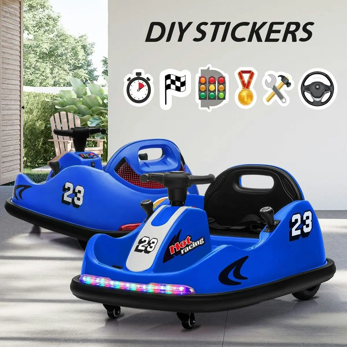 Kidbot Bumper Car With Remote Control Electric Kids Ride On Toy Race Vehicle Music LED DIY Sticker 360 Degree Spin Twin Motor Blue