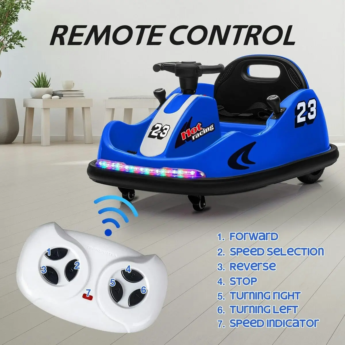 Kidbot Bumper Car With Remote Control Electric Kids Ride On Toy Race Vehicle Music LED DIY Sticker 360 Degree Spin Twin Motor Blue