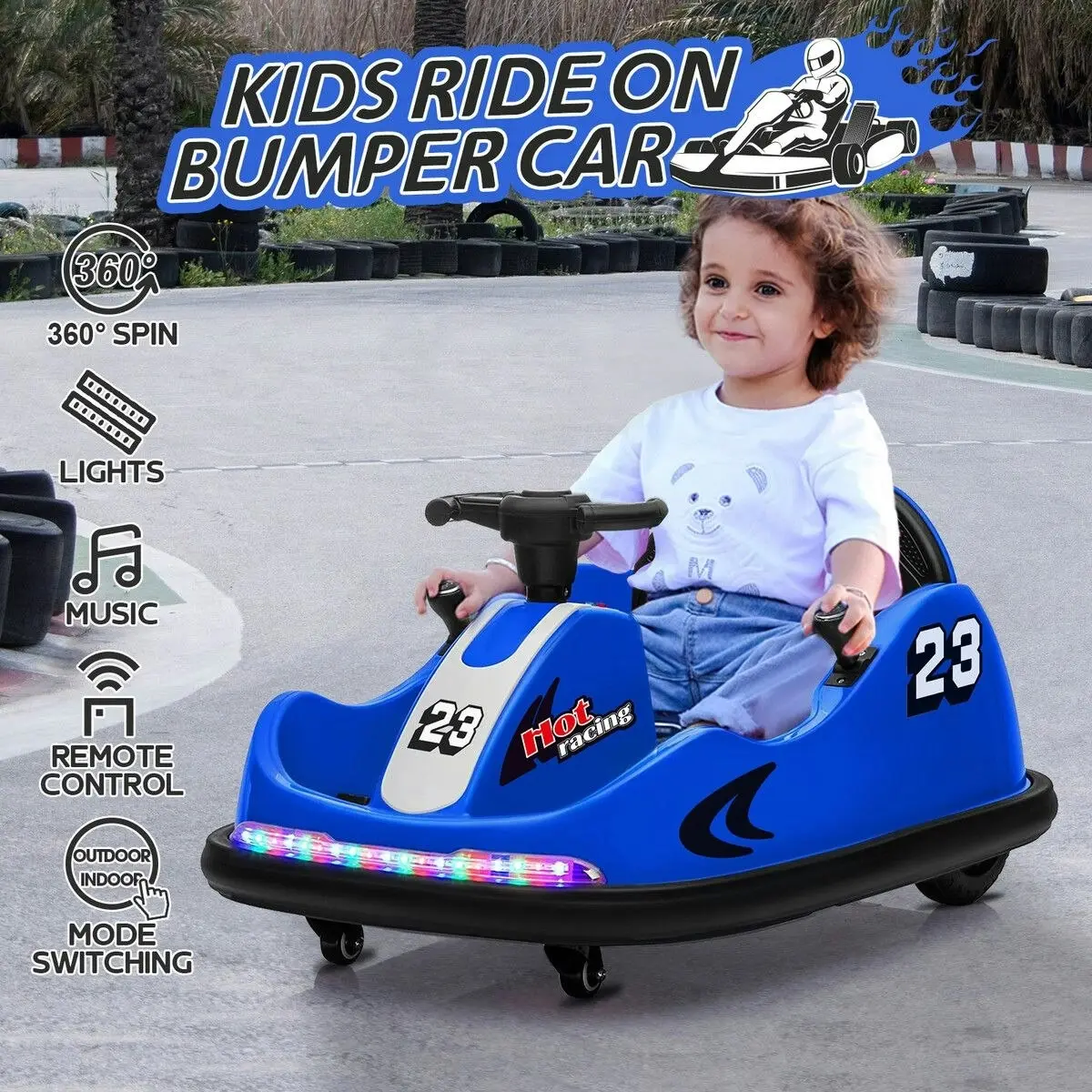 Kidbot Bumper Car With Remote Control Electric Kids Ride On Toy Race Vehicle Music LED DIY Sticker 360 Degree Spin Twin Motor Blue