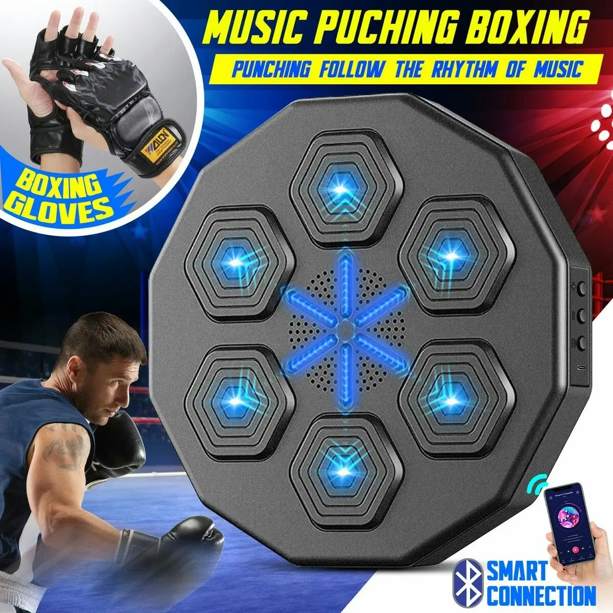 Ausway Smart Punching Boxing Pad Electronic Music Machine Home Training Wall Target Equipment Bluetooth Glove USB Charging