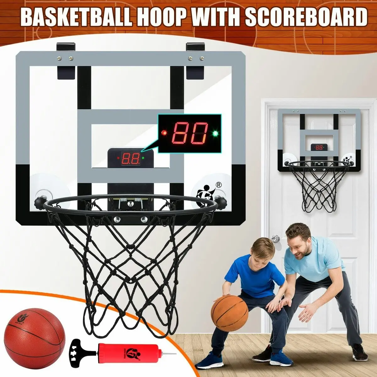 Genki Mini Basketball Hoop Electronic Scoreboard Door Wall Mounted Backboard Ring Rim Net System Indoor Hanging Kids Toys Adults Sports Training Game