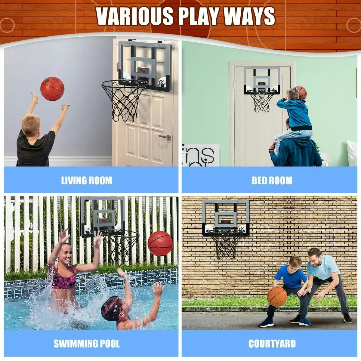 Genki Mini Basketball Hoop Electronic Scoreboard Door Wall Mounted Backboard Ring Rim Net System Indoor Hanging Kids Toys Adults Sports Training Game