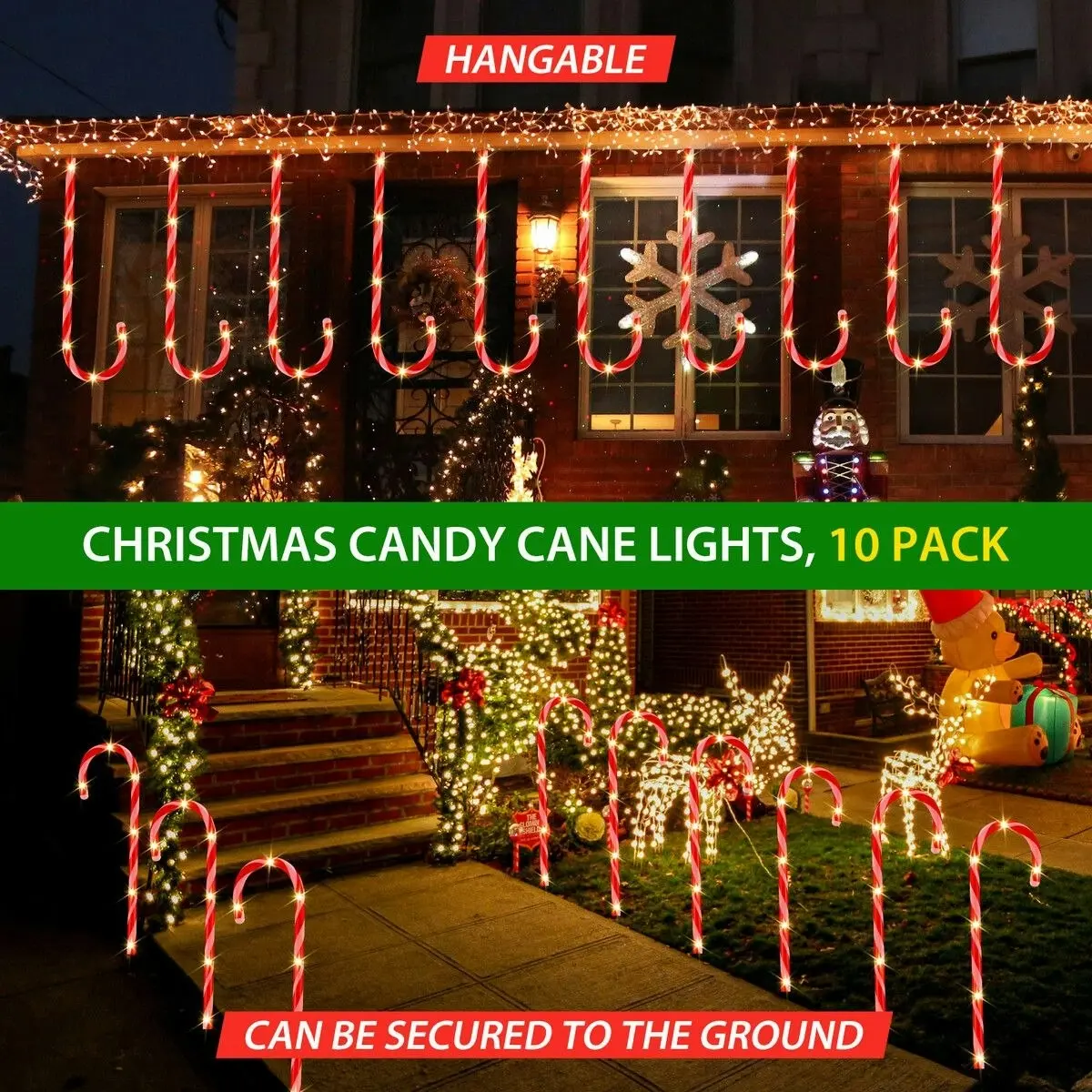 Ausway Christmas Solar Light LED Candy Cane Outdoor Garden Decoration Pathway Holiday Ornament 10Pcs