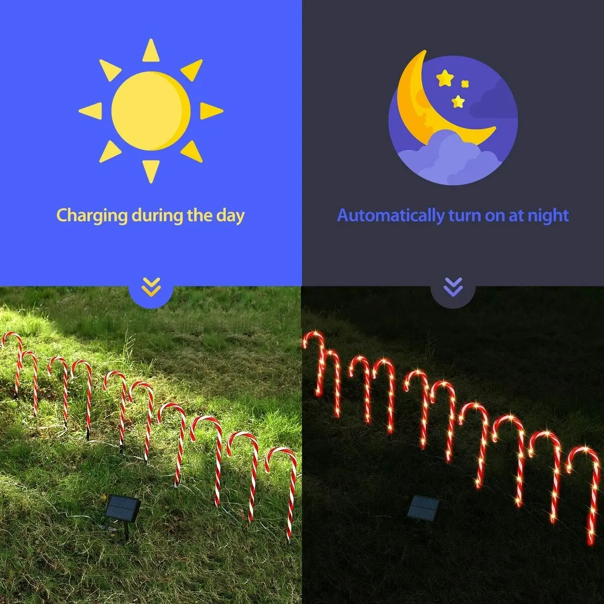 Ausway Christmas Solar Light LED Candy Cane Outdoor Garden Decoration Pathway Holiday Ornament 10Pcs