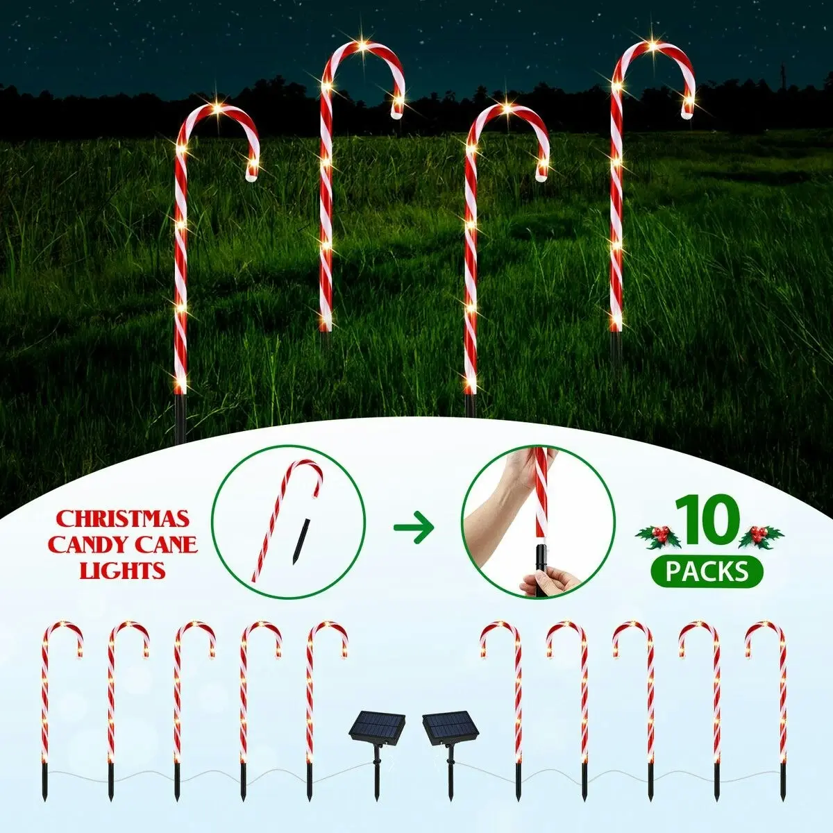 Ausway Christmas Solar Light LED Candy Cane Outdoor Garden Decoration Pathway Holiday Ornament 10Pcs