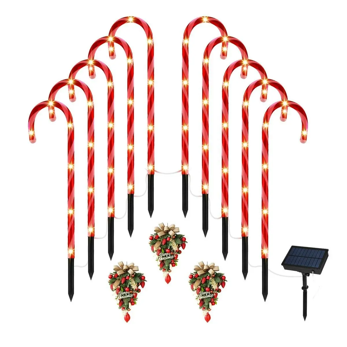 Ausway Christmas Solar Light LED Candy Cane Outdoor Garden Decoration Pathway Holiday Ornament 10Pcs