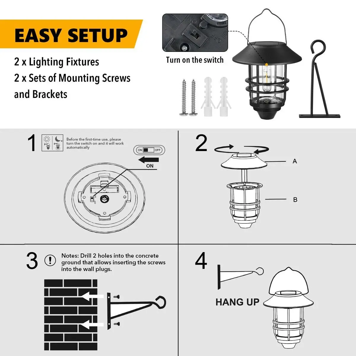 Ausway Outdoor Solar Wall Light Lantern Sconce Hanging Garden Lamp Outside Patio Fence Porch Waterproof with Light Sensor 2PCS