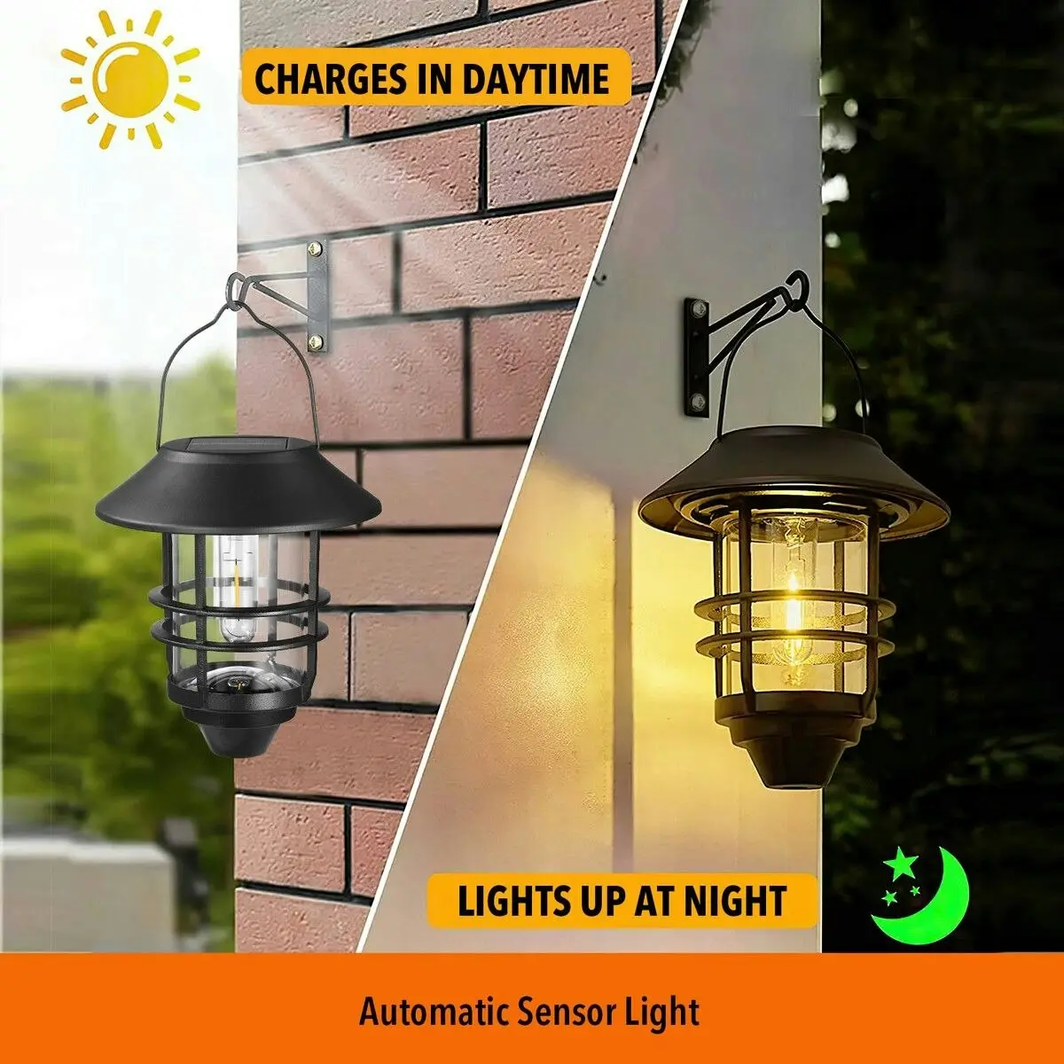 Ausway Outdoor Solar Wall Light Lantern Sconce Hanging Garden Lamp Outside Patio Fence Porch Waterproof with Light Sensor 2PCS