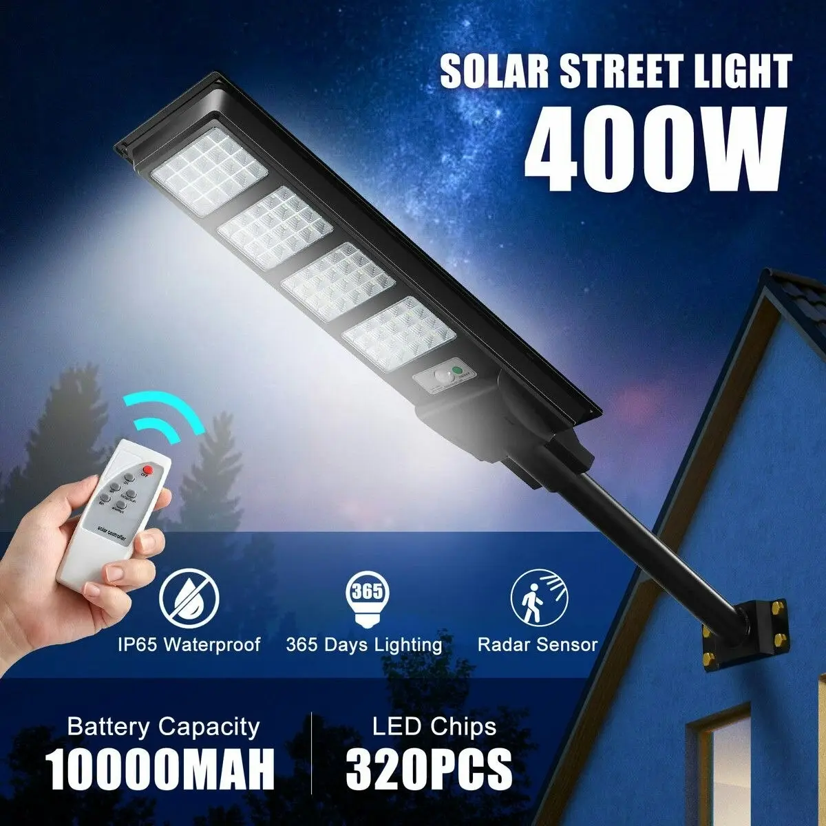 Ausway 320 LED Solar Street Light 400W Remote Outdoor Garden Security Wall Lamp Floodlight Motion Sensor Flood Down Parking Lot Spot Pole Waterproof