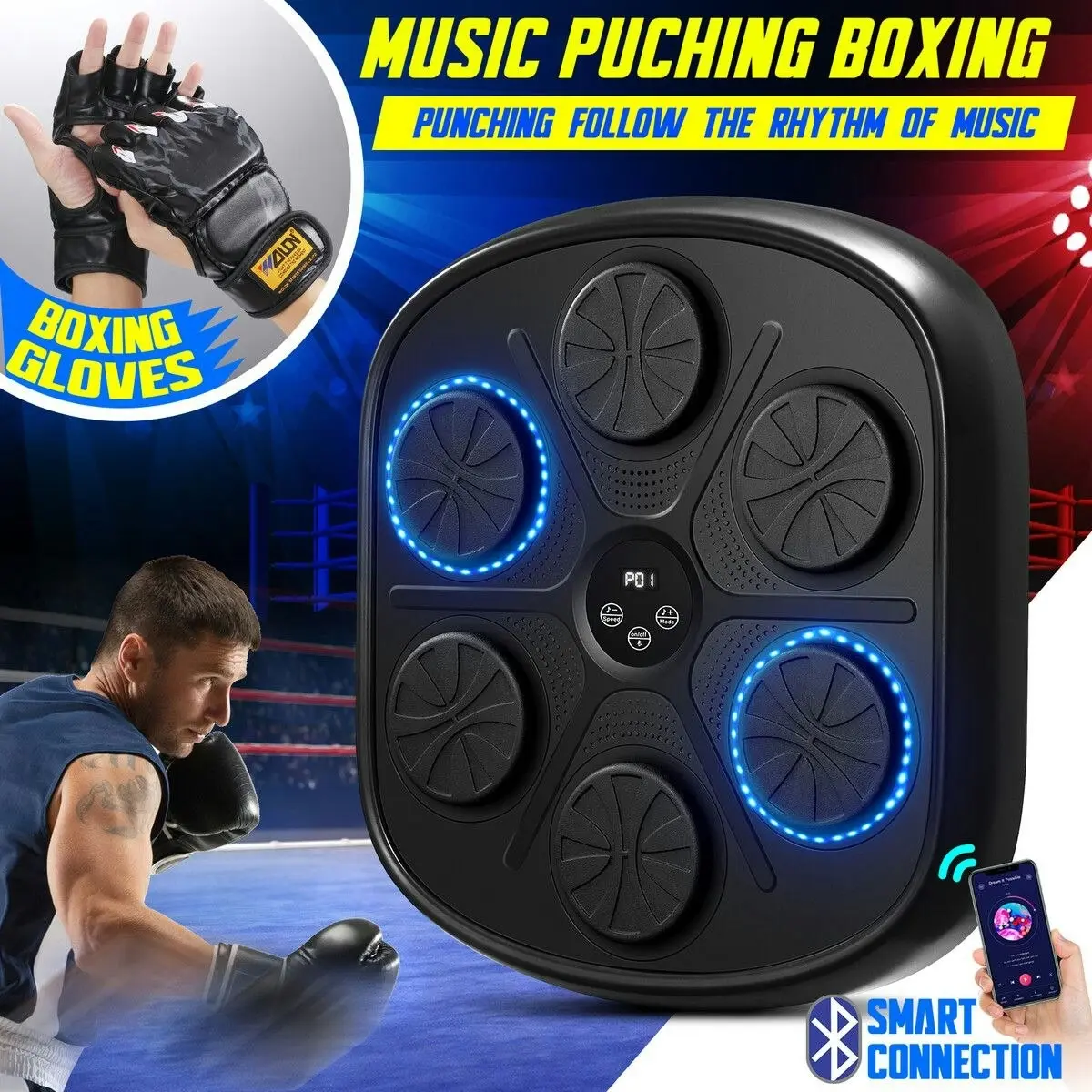 Ausway Music Boxing Machine Pad with Punching Gloves Smart Electronic Bluetooth Training Home Gym Wall Target Equipment USB Charger