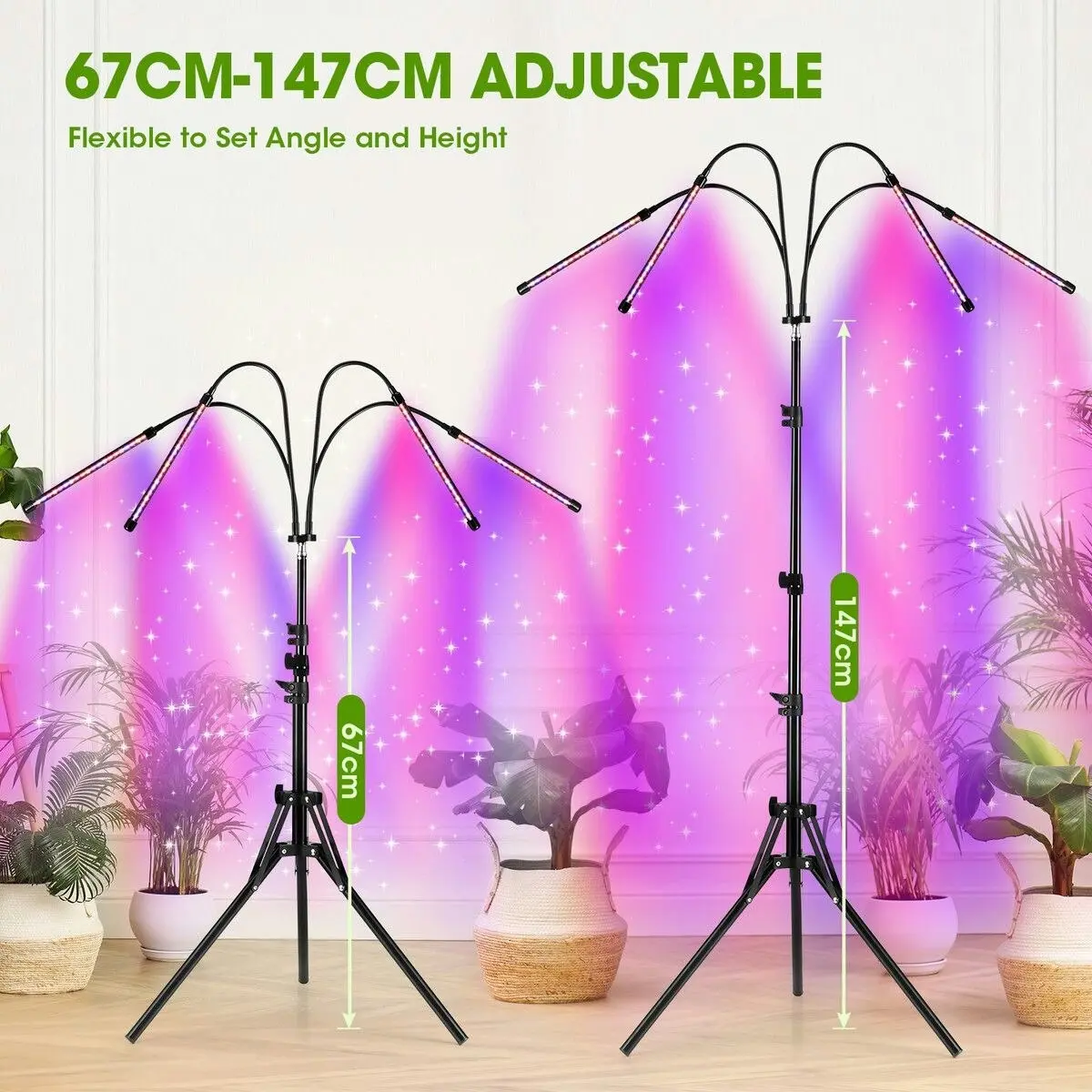 Ausway LED Plant Grow Light Full Spectrum Indoor Flower Growing Lamp 4 Heads 80 LEDs Height Adjustable Tripod Stand Auto Timer