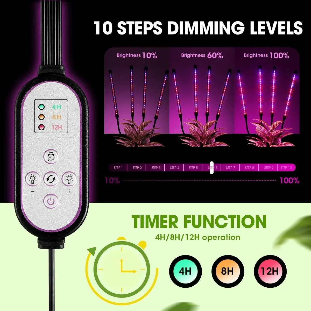 Ausway LED Plant Grow Light Full Spectrum Indoor Flower Growing Lamp 4 Heads 80 LEDs Height Adjustable Tripod Stand Auto Timer