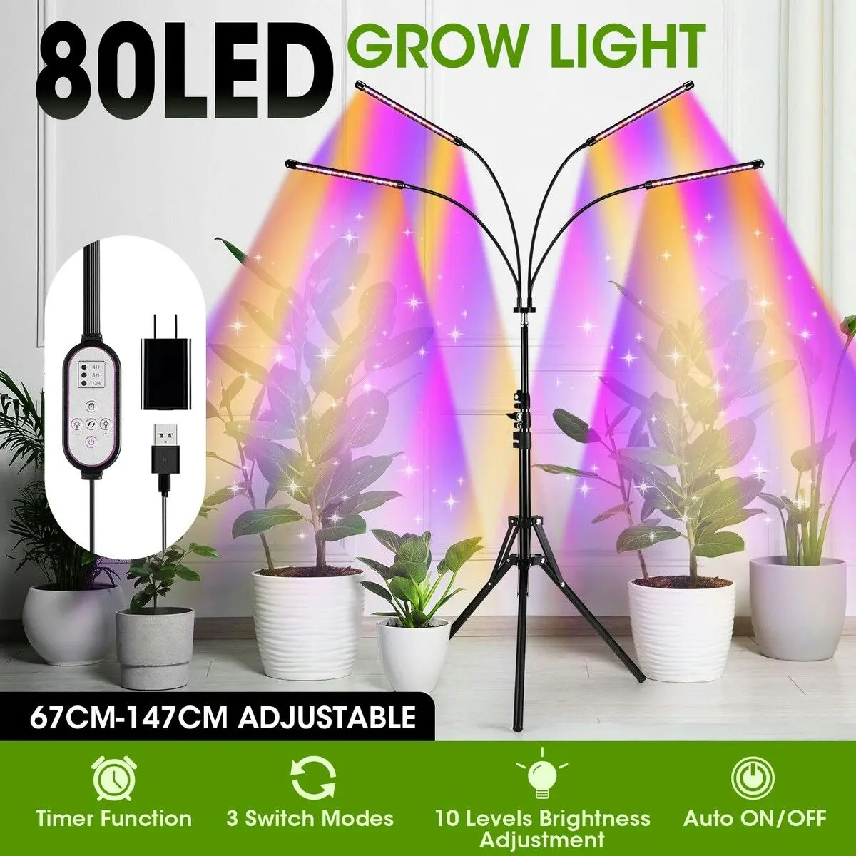 Ausway LED Plant Grow Light Full Spectrum Indoor Flower Growing Lamp 4 Heads 80 LEDs Height Adjustable Tripod Stand Auto Timer