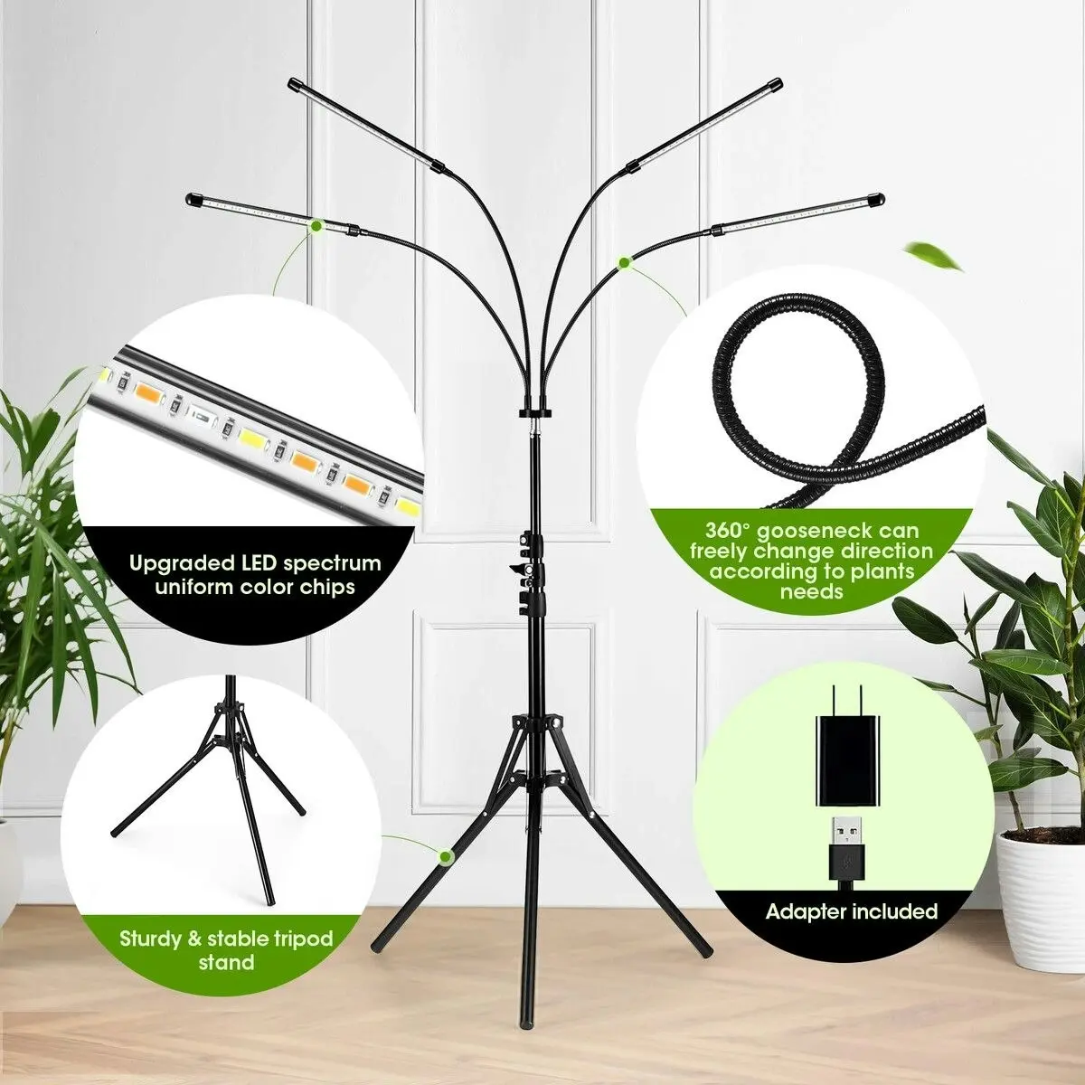 Ausway LED Plant Grow Light Full Spectrum Indoor Flower Growing Lamp 4 Heads 80 LEDs Height Adjustable Tripod Stand Auto Timer