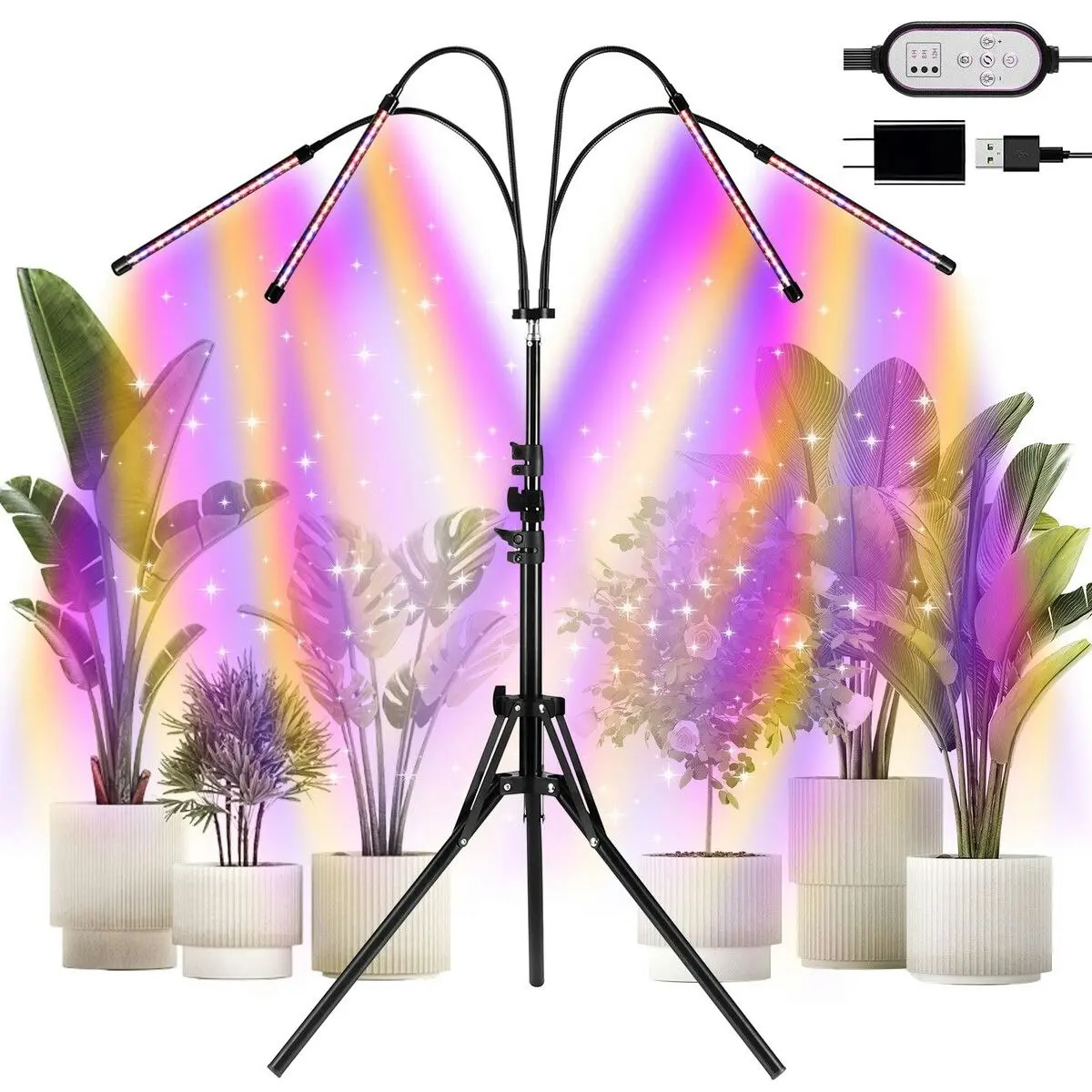 Ausway LED Plant Grow Light Full Spectrum Indoor Flower Growing Lamp 4 Heads 80 LEDs Height Adjustable Tripod Stand Auto Timer