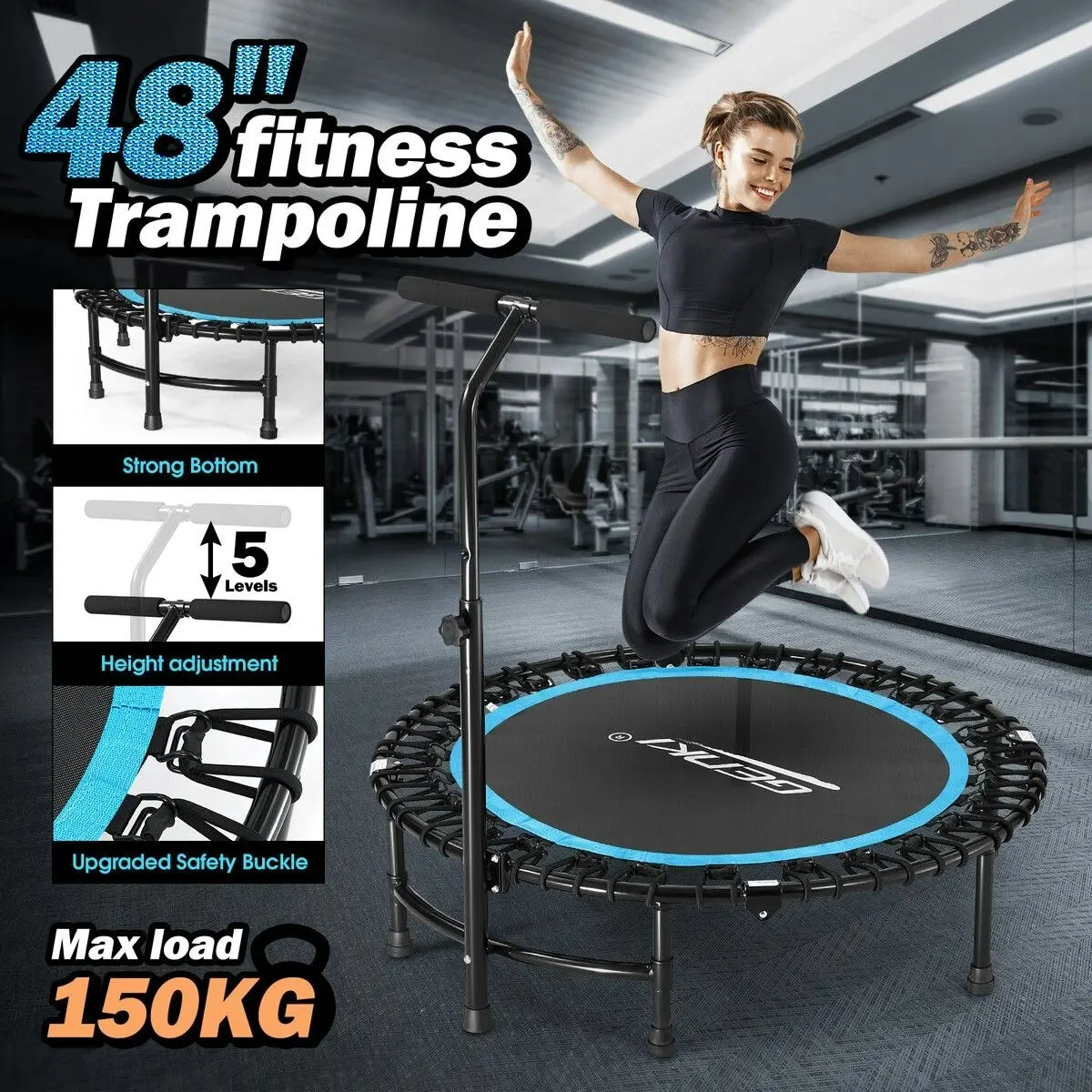 Genki  Trampoline Rebounder Bounce Jumping Rebounding Bungee Exercise Home Gym Fitness Equipment Indoor Round Outdoor Adjustable Handlebar 48 Inch