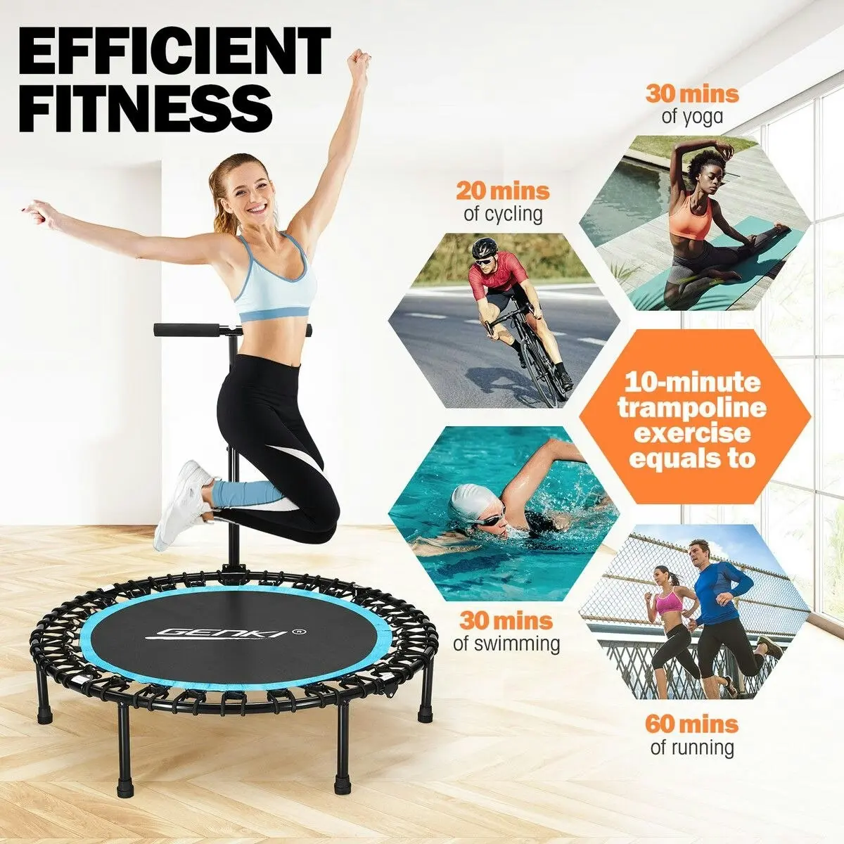 Genki  Trampoline Rebounder Bounce Jumping Rebounding Bungee Exercise Home Gym Fitness Equipment Indoor Round Outdoor Adjustable Handlebar 48 Inch