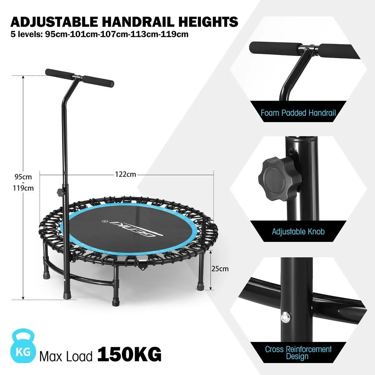 Genki  Trampoline Rebounder Bounce Jumping Rebounding Bungee Exercise Home Gym Fitness Equipment Indoor Round Outdoor Adjustable Handlebar 48 Inch