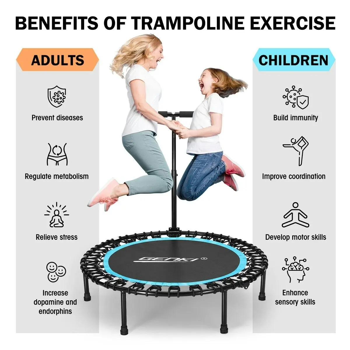 Genki  Trampoline Rebounder Bounce Jumping Rebounding Bungee Exercise Home Gym Fitness Equipment Indoor Round Outdoor Adjustable Handlebar 48 Inch