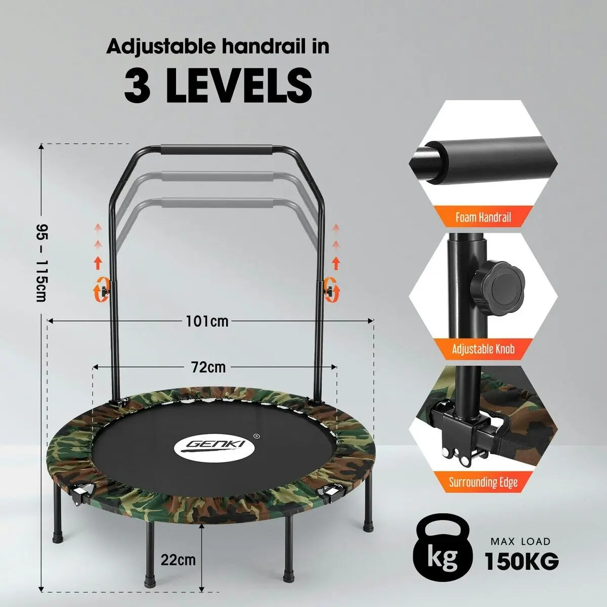 Genki  Mini Trampoline for Adults Kids 40inch Exercise Fitness Indoor Rebounder Home Gym Workout Equipment Foldable Adjustable Handrail