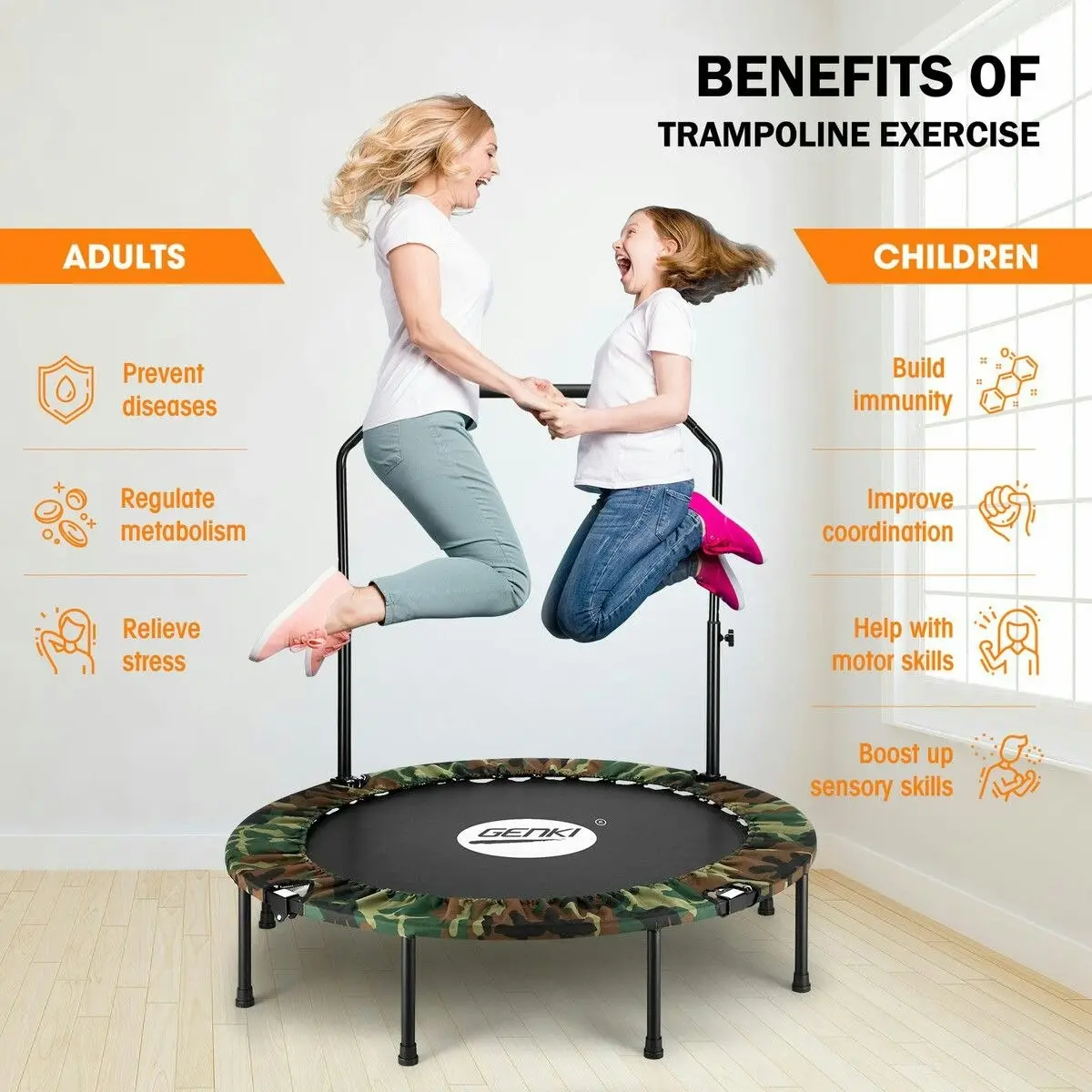 Genki  Mini Trampoline for Adults Kids 40inch Exercise Fitness Indoor Rebounder Home Gym Workout Equipment Foldable Adjustable Handrail