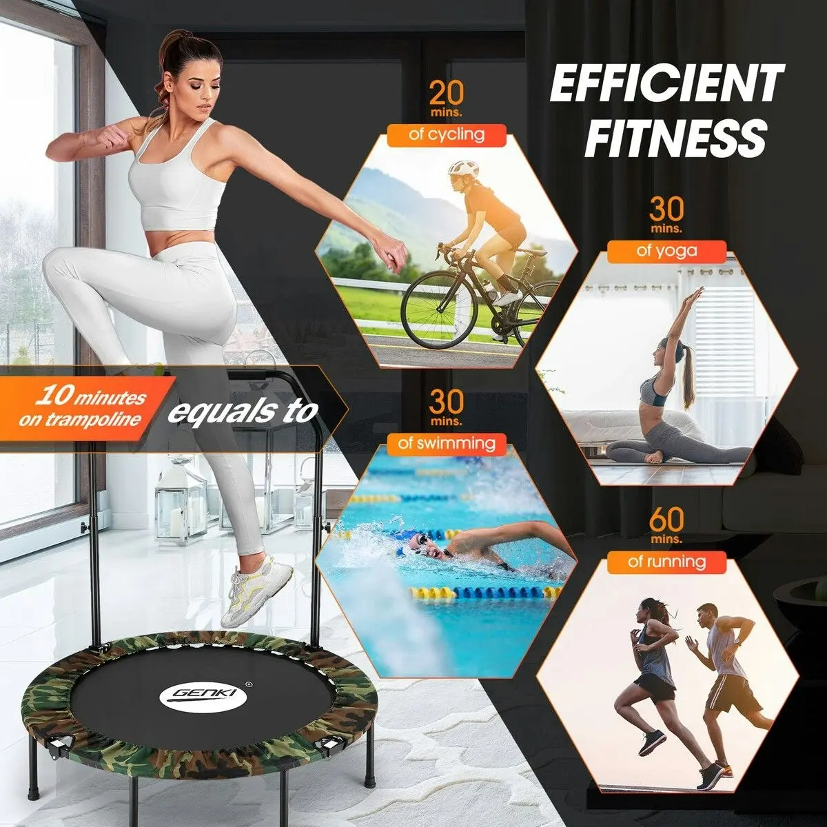 Genki  Mini Trampoline for Adults Kids 40inch Exercise Fitness Indoor Rebounder Home Gym Workout Equipment Foldable Adjustable Handrail