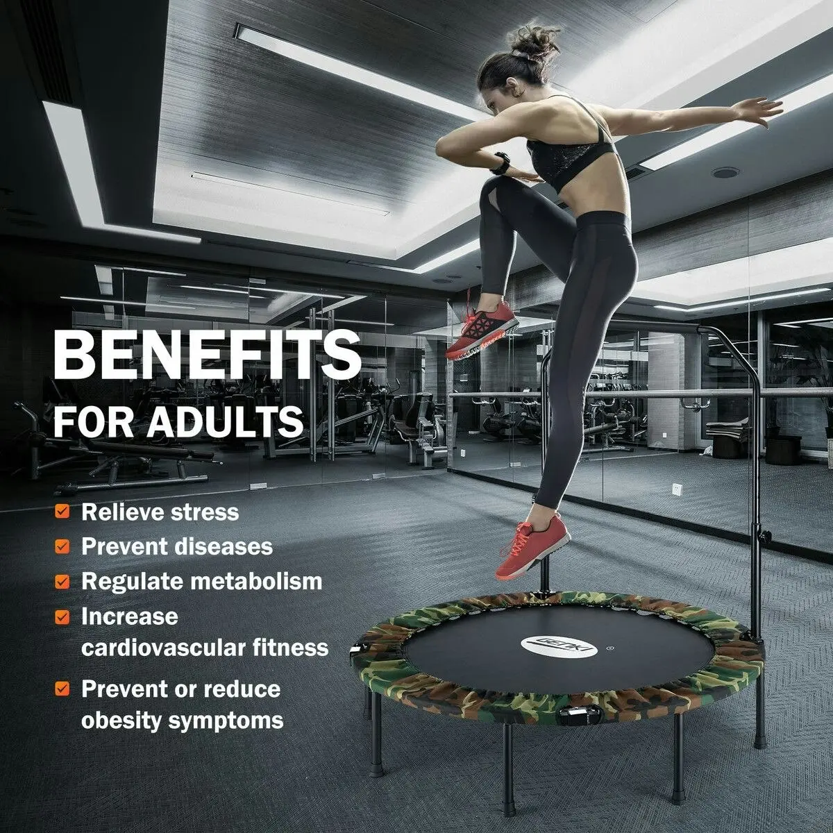 Genki  Mini Trampoline for Adults Kids 40inch Exercise Fitness Indoor Rebounder Home Gym Workout Equipment Foldable Adjustable Handrail