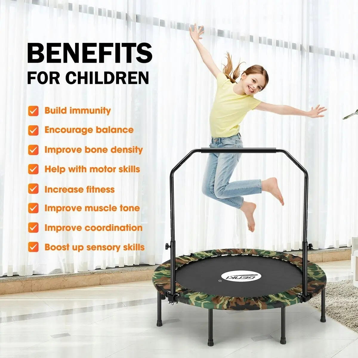 Genki  Mini Trampoline for Adults Kids 40inch Exercise Fitness Indoor Rebounder Home Gym Workout Equipment Foldable Adjustable Handrail