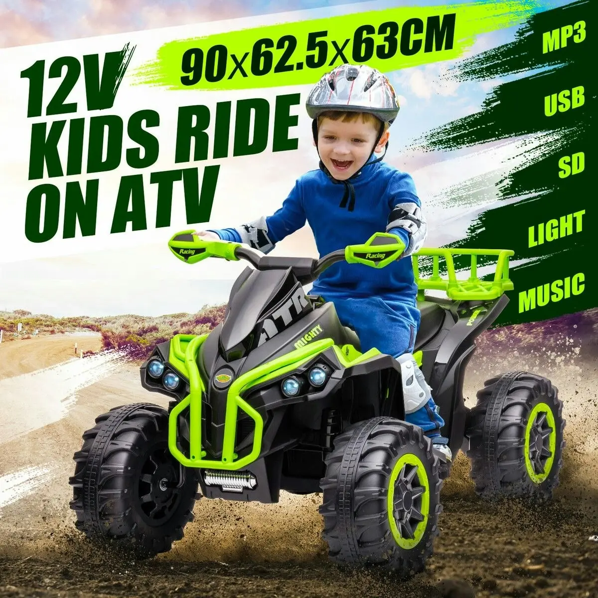 Kidbot Electric Ride On Car Kids Vehicle Toy ATV Quad Bike 4 Wheeler 12V Motorised Rechargeable Battery MP3 USB LED Childrens