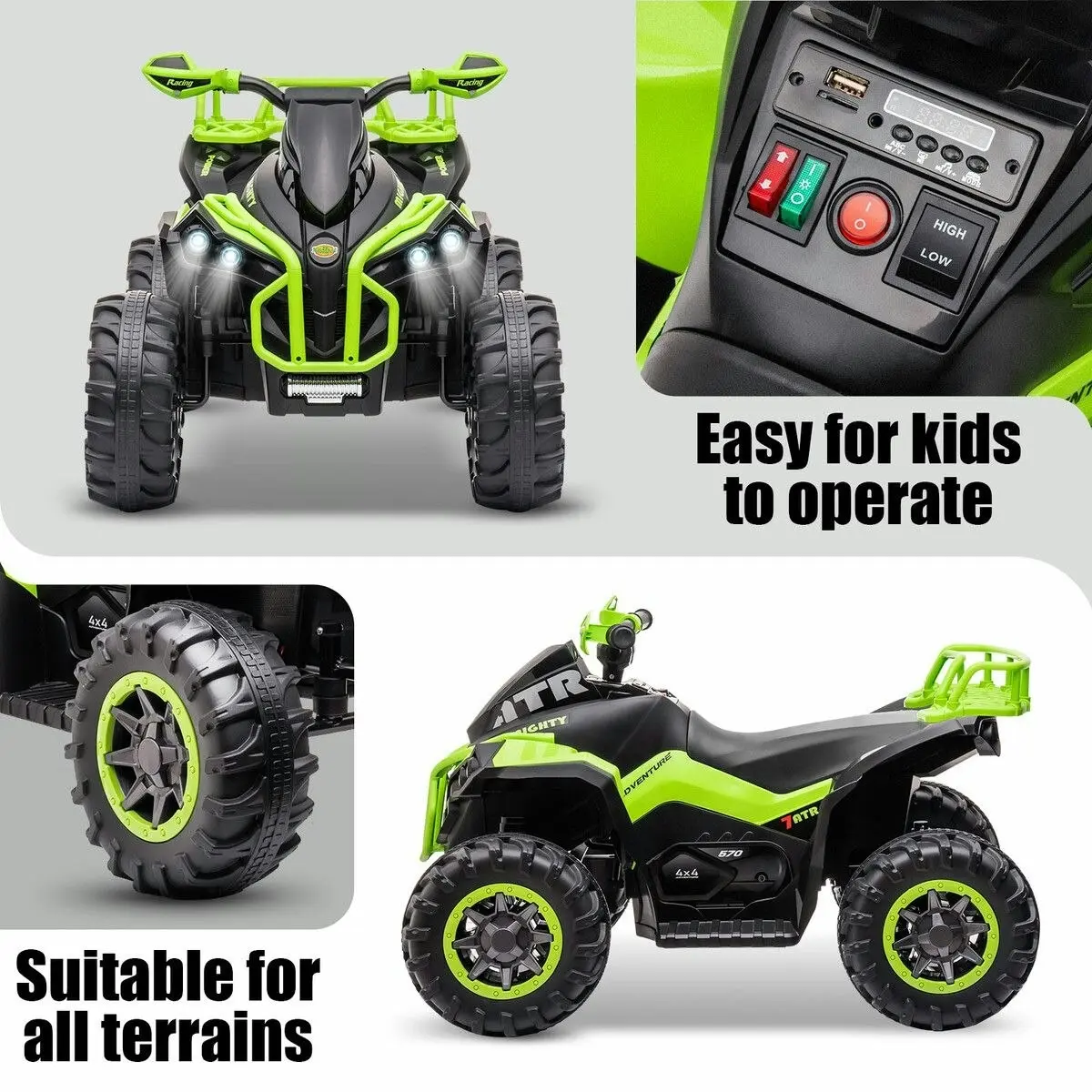 Kidbot Electric Ride On Car Kids Vehicle Toy ATV Quad Bike 4 Wheeler 12V Motorised Rechargeable Battery MP3 USB LED Childrens