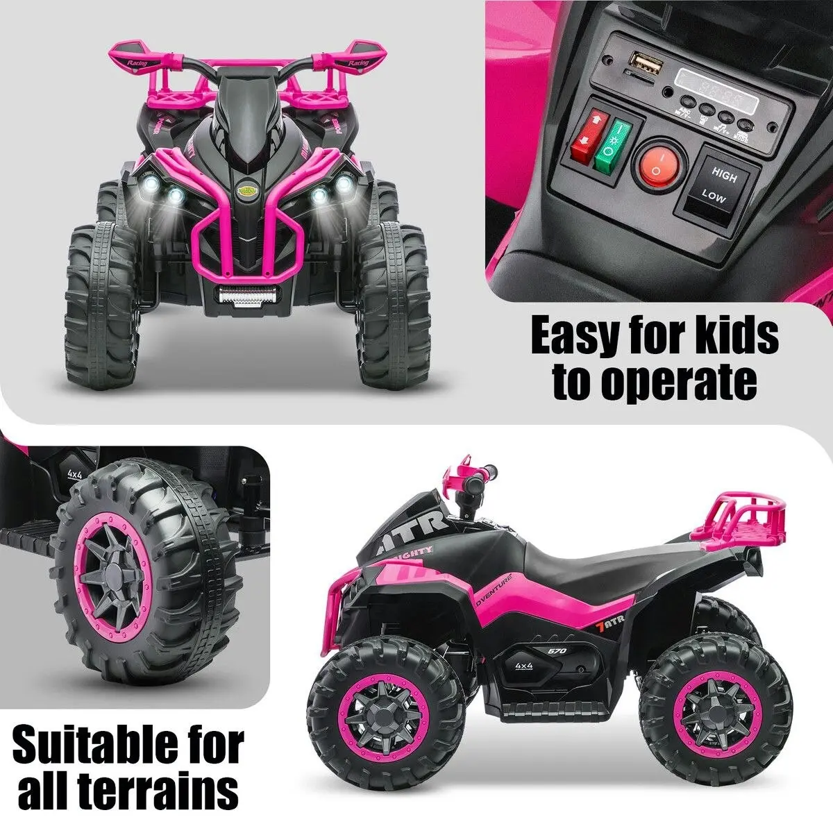 Kidbot Kids Electric ATV Ride On Car Quad Bike 12V Vehicle Toy 4 Wheeler Motorised Rechargeable Battery MP3 USB LED Children