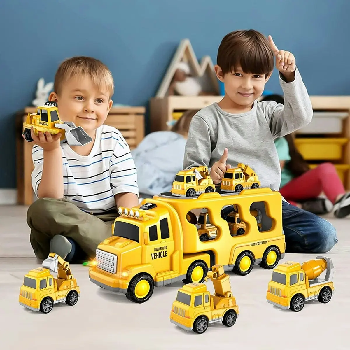 Ausway 5 In 1 Truck Toy Car Set Toddler Construction Model Friction Power Carrier Excavator Crane Mixer Dumper Drill kids