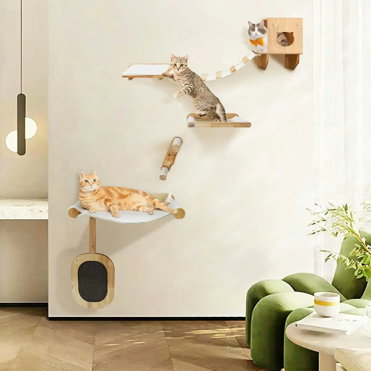 Pet Scene Cat Bed Kitten Scratching Post Perch Wall Mounted Climbing Shelf Scratcher Board Hammock Tree Pad Pet Play Gym Furniture Wood Climber