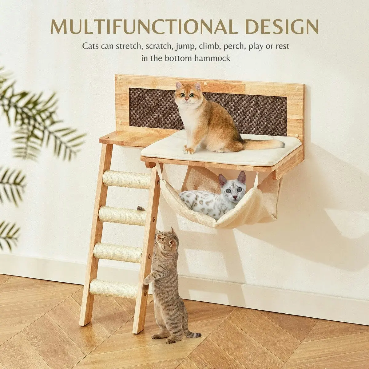 Pet Scene Wood Cat Bed Wall Mounted Climbing Shelf Kitten Scratcher Scratching Post Board Tower Tree Ladder Hammock Soft Cushion Mat Climber Pet Furniture