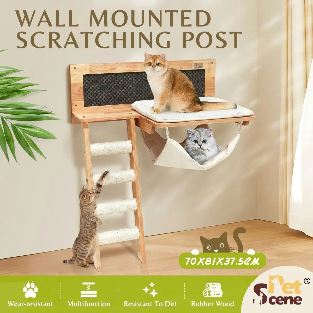 Pet Scene Wood Cat Bed Wall Mounted Climbing Shelf Kitten Scratcher Scratching Post Board Tower Tree Ladder Hammock Soft Cushion Mat Climber Pet Furniture