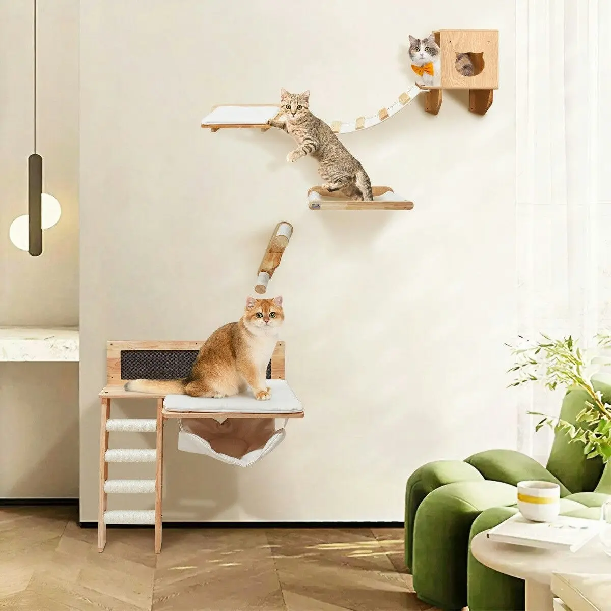 Pet Scene Wood Cat Bed Wall Mounted Climbing Shelf Kitten Scratcher Scratching Post Board Tower Tree Ladder Hammock Soft Cushion Mat Climber Pet Furniture