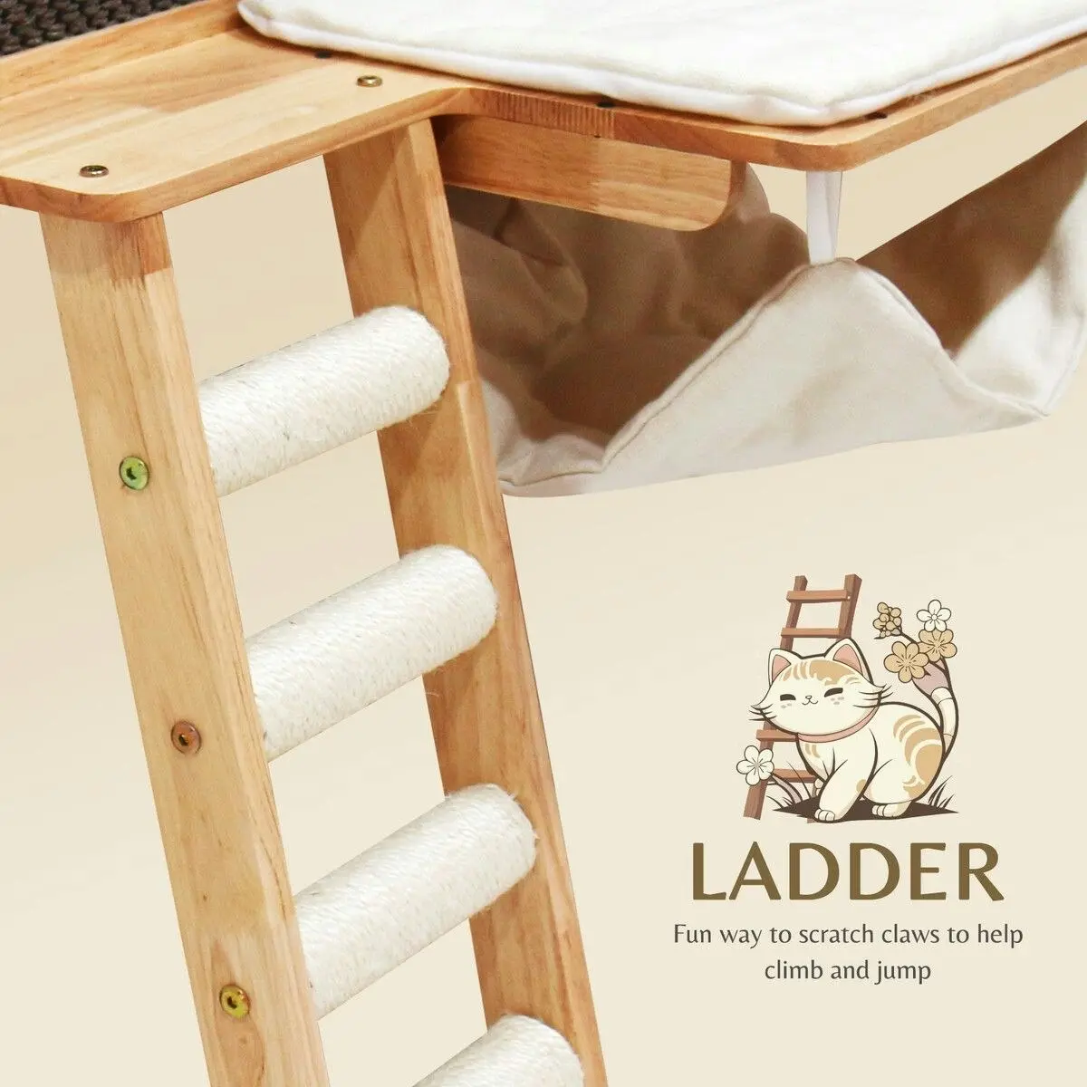 Pet Scene Wood Cat Bed Wall Mounted Climbing Shelf Kitten Scratcher Scratching Post Board Tower Tree Ladder Hammock Soft Cushion Mat Climber Pet Furniture