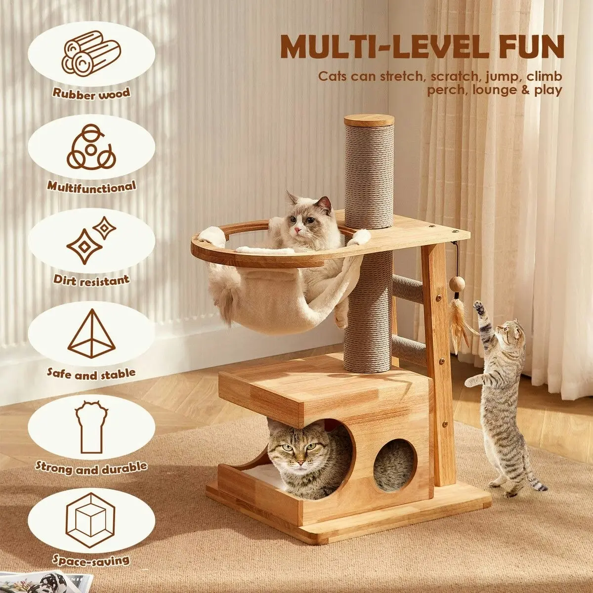 Pet Scene Cat Tree Hammock Condo Wooden Tower Sisal Scratching Post Stand Dangling Toy Feather Climbing Ladder Play Gym Pet Furniture Cushion 94cm Tall