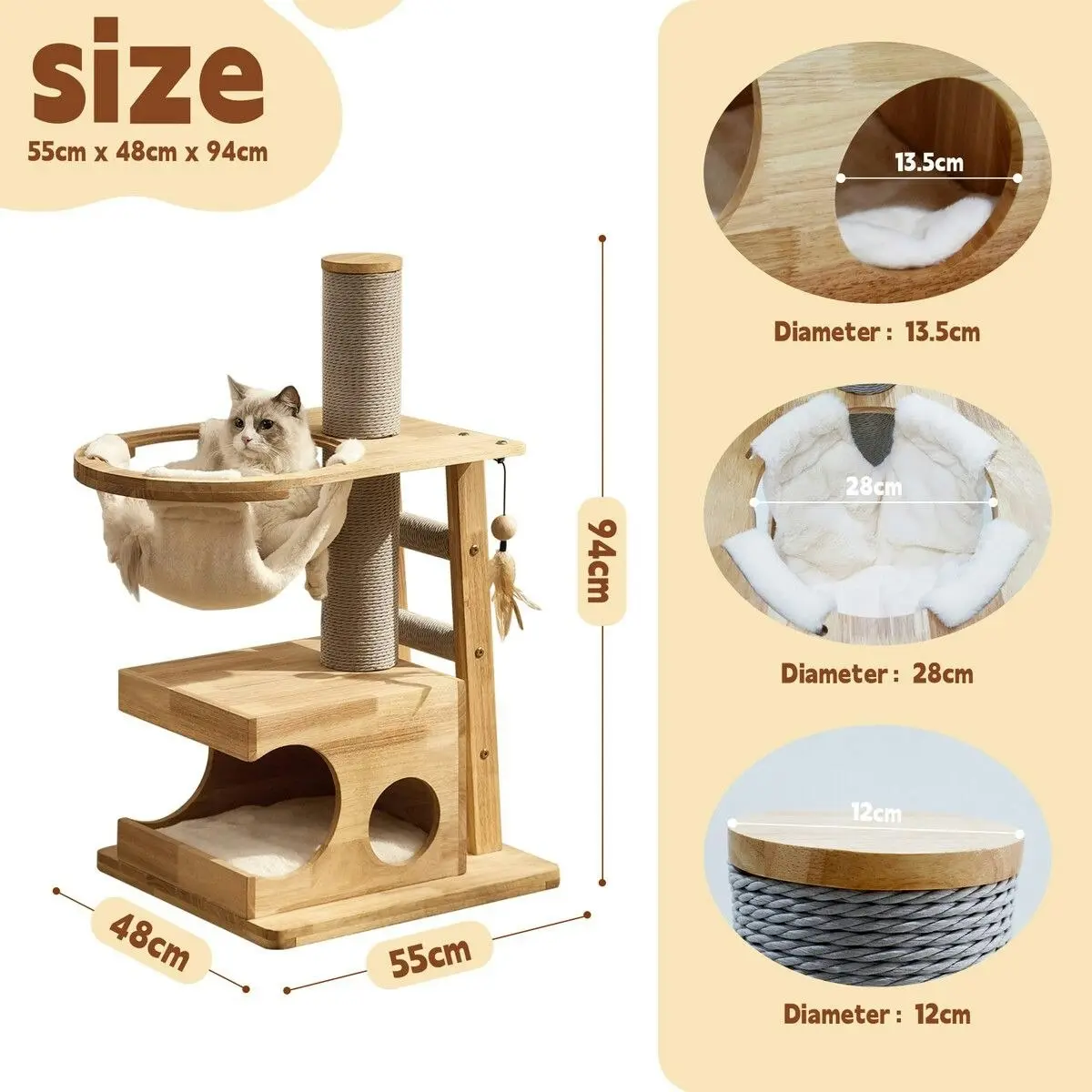 Pet Scene Cat Tree Hammock Condo Wooden Tower Sisal Scratching Post Stand Dangling Toy Feather Climbing Ladder Play Gym Pet Furniture Cushion 94cm Tall