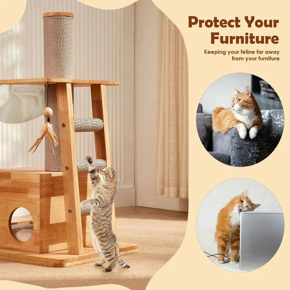 Pet Scene Cat Tree Hammock Condo Wooden Tower Sisal Scratching Post Stand Dangling Toy Feather Climbing Ladder Play Gym Pet Furniture Cushion 94cm Tall