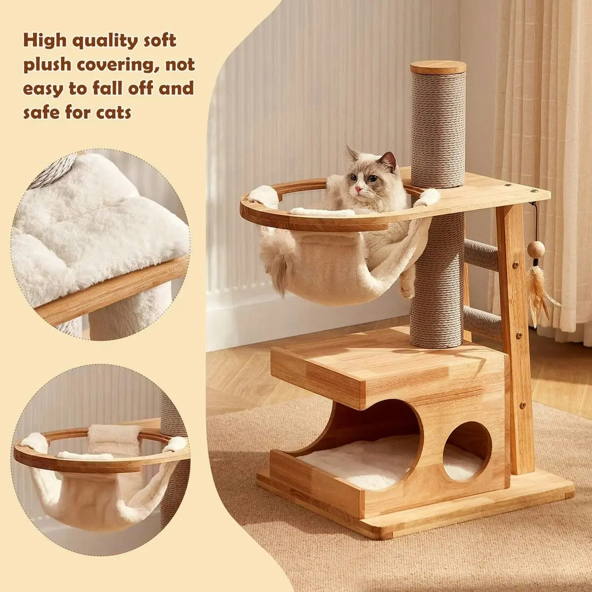 Pet Scene Cat Tree Hammock Condo Wooden Tower Sisal Scratching Post Stand Dangling Toy Feather Climbing Ladder Play Gym Pet Furniture Cushion 94cm Tall